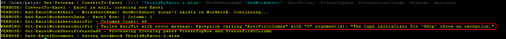 PowerShell error showing AutoFitColumns failing because the Gdip type initializer threw an exception
