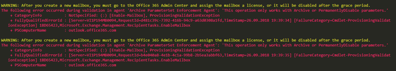 Office 365 PowerShell error showing Archive ParameterSet Enforcement Agent validation failure in Enable-Mailbox.
