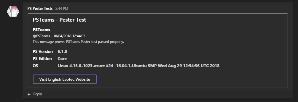 Microsoft Teams notification posted from Azure Pipelines after Linux tests completed