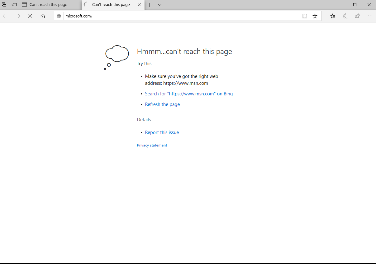 Microsoft Edge page showing a network connection failure caused by the Windows 10 issue