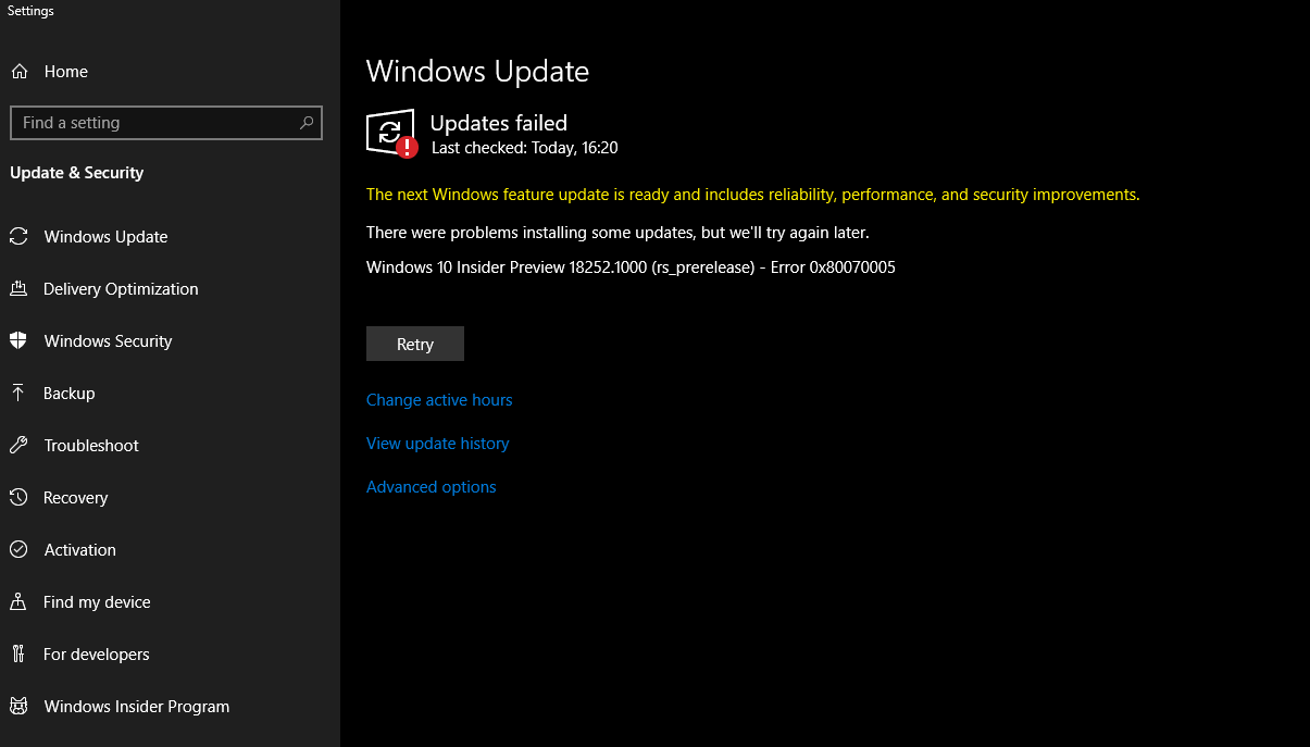 Windows Update screen reporting an error while checking for updates on Windows 10