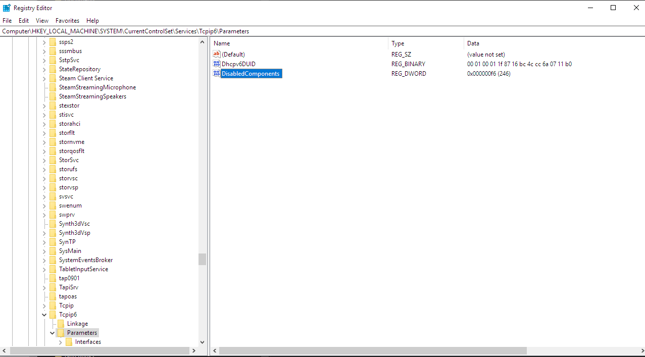 Registry Editor showing the DisabledComponents IPv6 value set to 0x000000f6