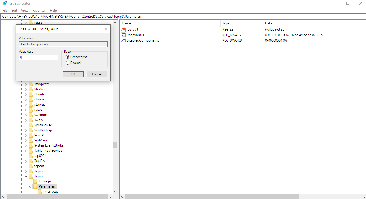 Registry Editor with the DisabledComponents IPv6 value restored to 0 to fix connectivity problems