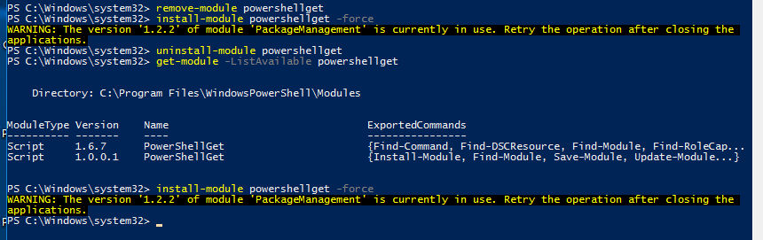 PowerShell commands unregistering and registering the PSGallery repository to restore Install-Package