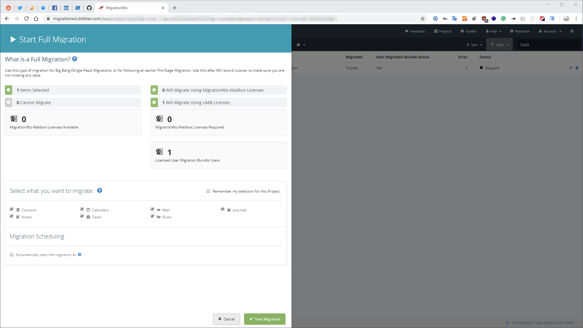 MigrationWiz Start Full Migration dialog showing zero mailbox licenses available and one User Migration Bundle license assigned to the selected user.