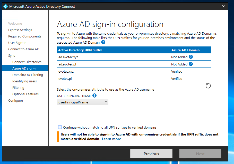 Azure AD Connect sign-in configuration showing UserPrincipalName selected as the Azure AD username
