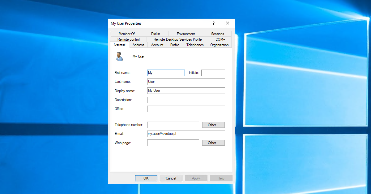 Active Directory user properties with the email address filled in before running a delta synchronization
