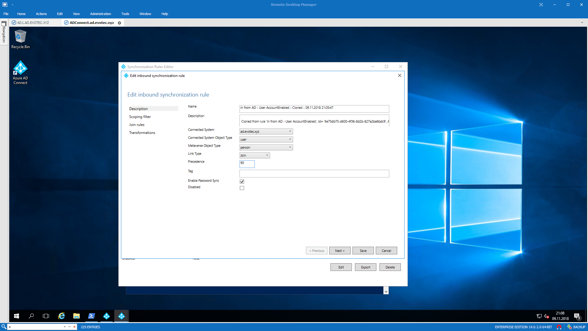 Edit inbound synchronization rule window with custom name, description, and precedence below 100