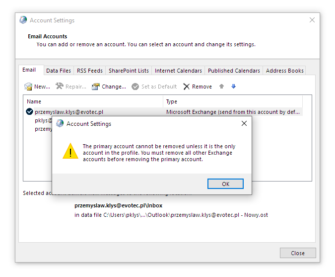 Outlook error saying the primary account cannot be removed while other Exchange accounts remain