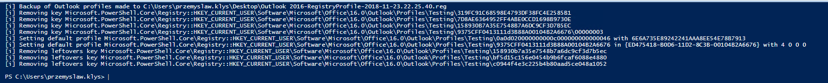 PowerShell output preview for making one Outlook account primary while removing another