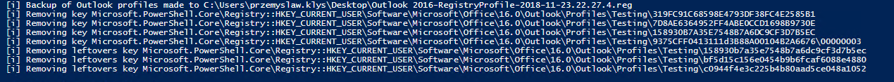 PowerShell output preview for removing an Outlook account by domain
