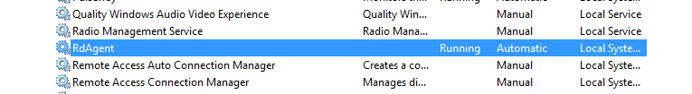 Windows Services highlighting the RdAgent service