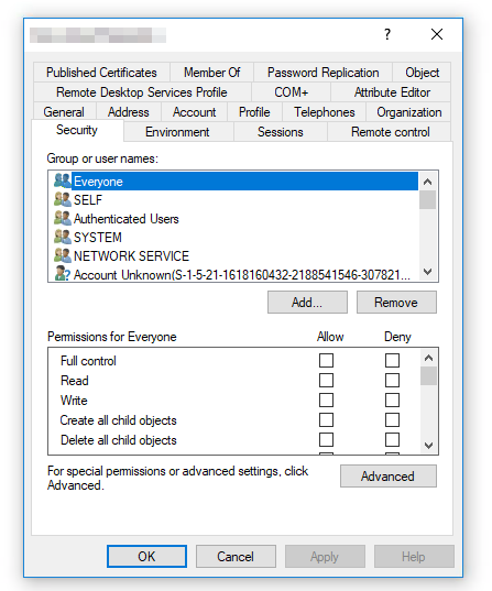 Active Directory security properties showing whether the Azure AD Connect sync account has the required permissions