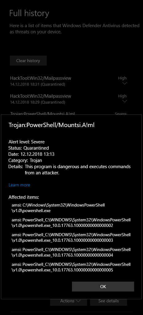 Windows Defender protection history showing AMSI blocking the PowerShell module