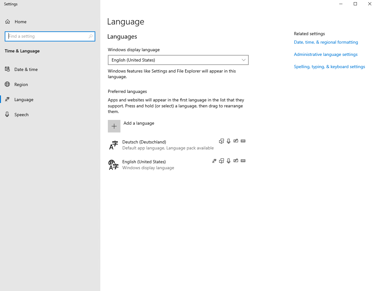Windows language settings page with Preferred languages and the Add a language option.