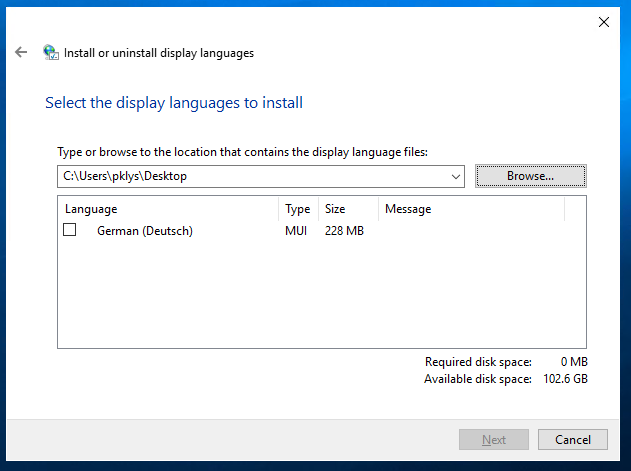 Browse dialog in the display language wizard pointing to the copied language pack folder.