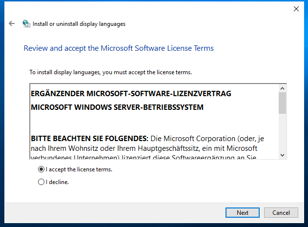 Display language wizard listing the selected language pack ready for installation.