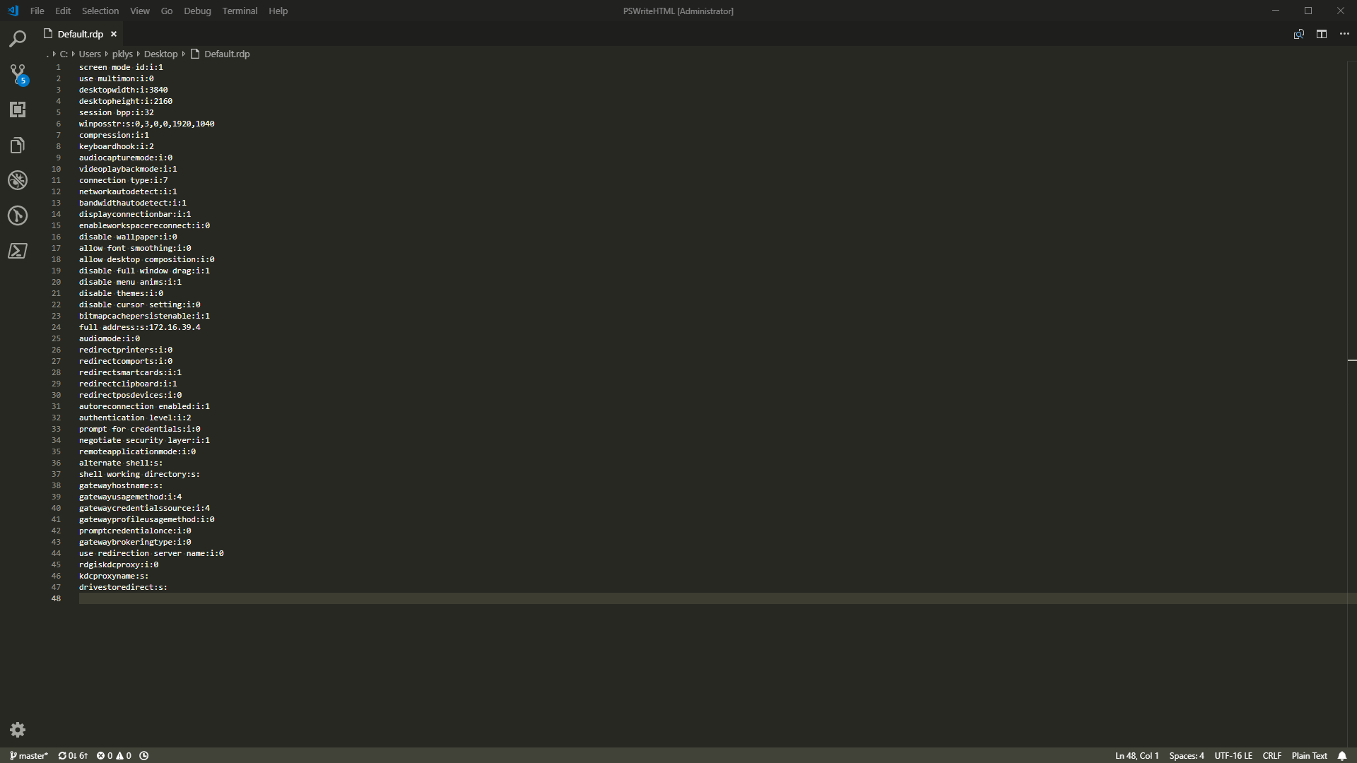 Saved RDP file contents opened in a text editor before adding the password reset line