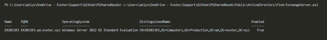 PowerShell table output from Find-ExchangeServer listing Exchange servers discovered in Active Directory.