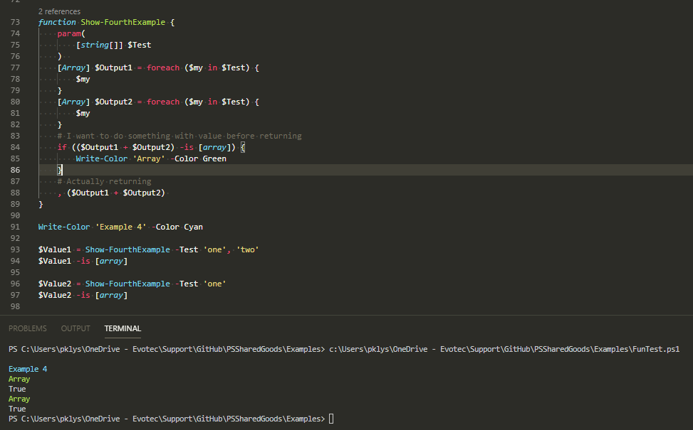 PowerShell console showing Show-FourthExample combines two arrays and still returns an array for one and two inputs.