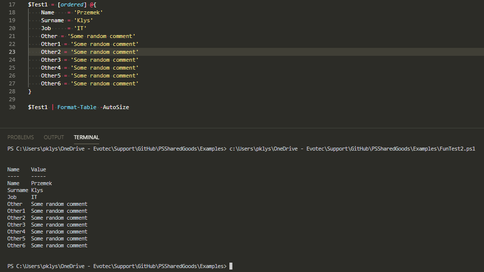 PowerShell table output showing an ordered dictionary preserves the defined property order.