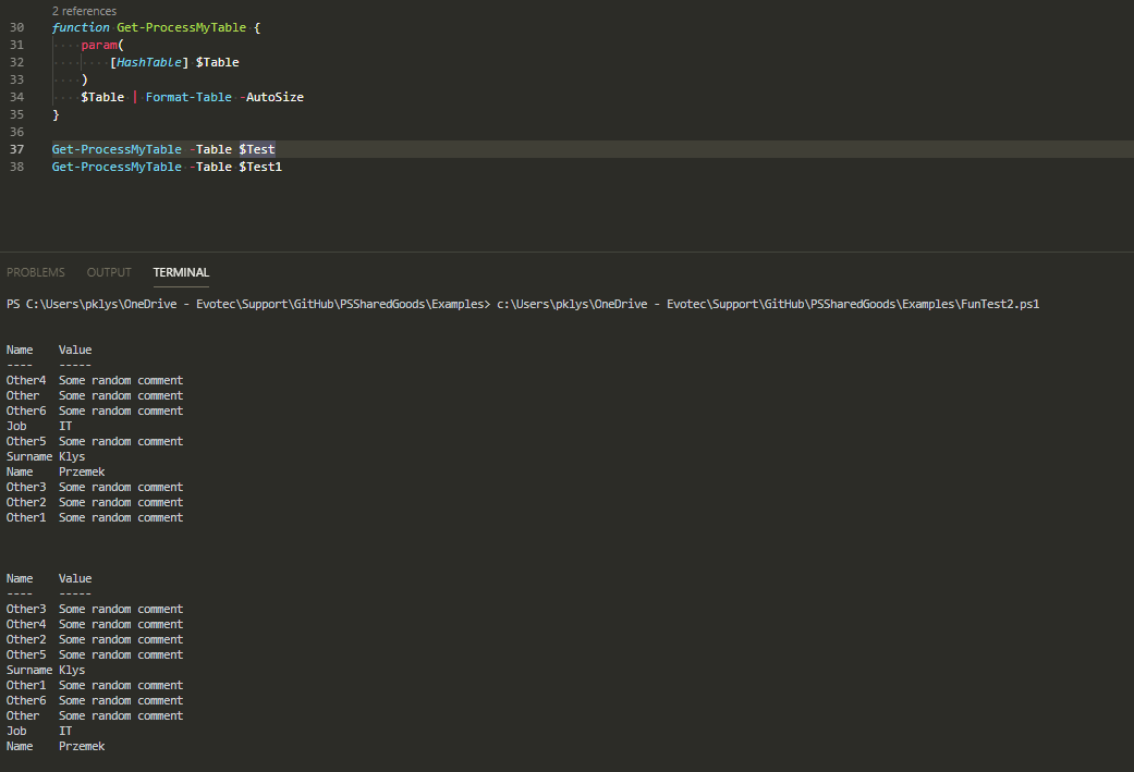 PowerShell console showing a typed hashtable parameter converts the ordered dictionary and changes the output order.