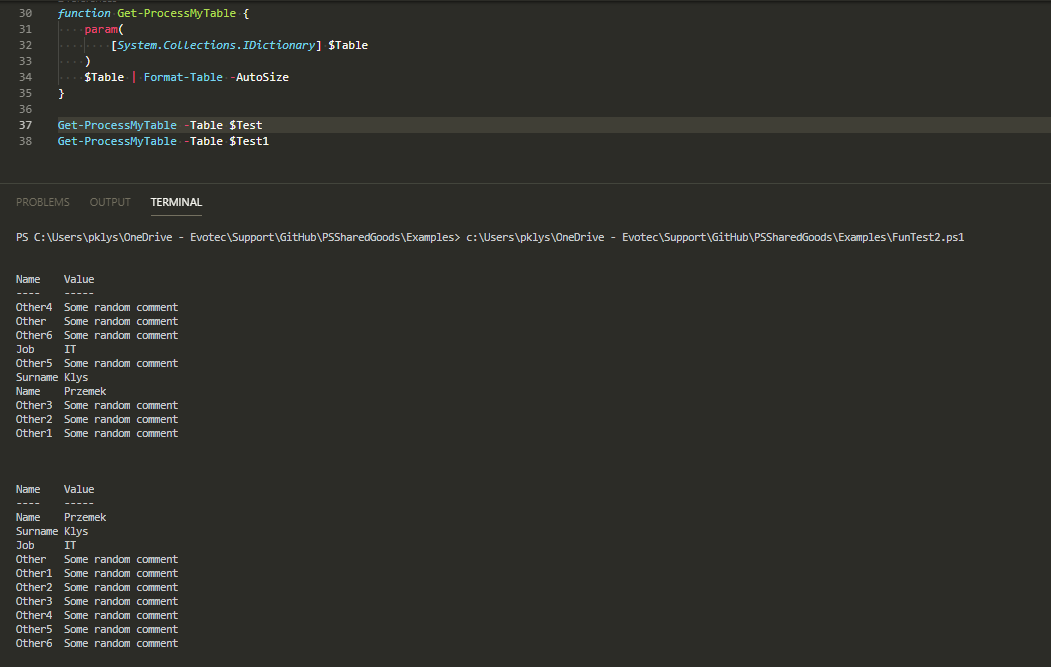 PowerShell console showing System.Collections.IDictionary accepts both the hashtable and the ordered dictionary.