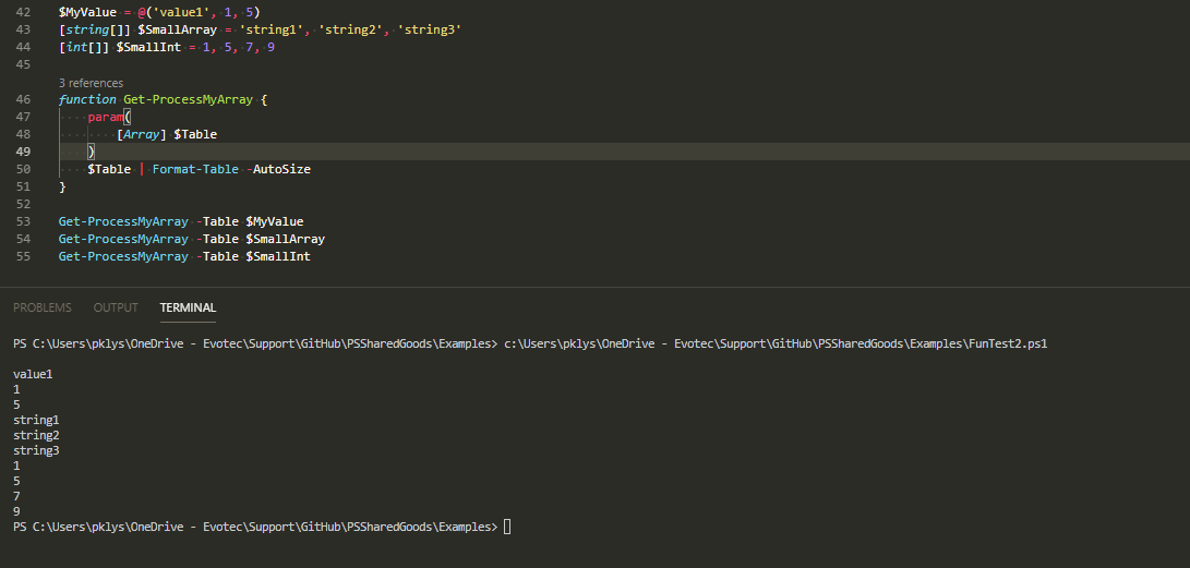 PowerShell console showing Array parameters accept mixed, string, and int arrays without type conversion errors.