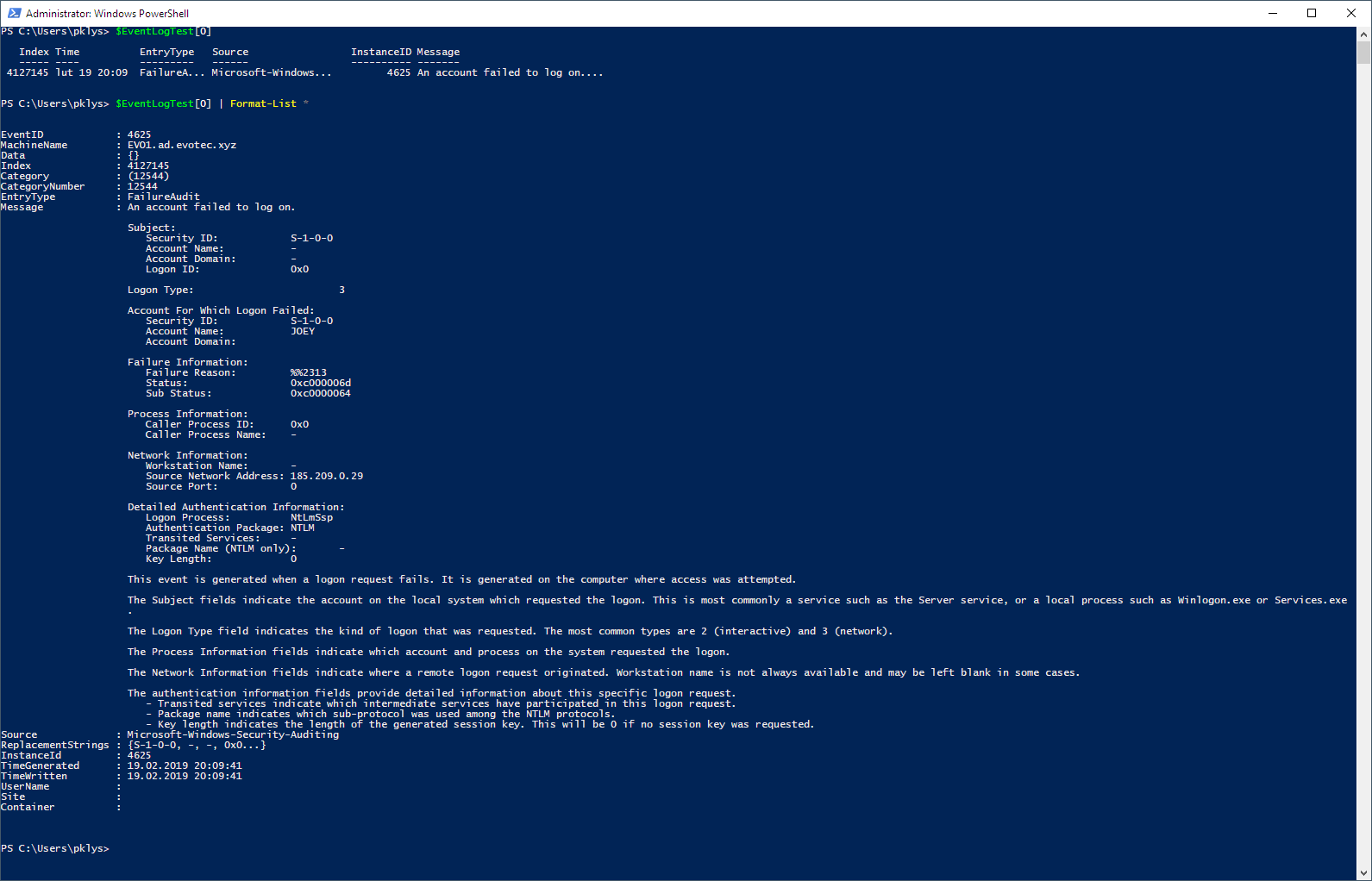 Get-EventLog Output Get-EventLog Output