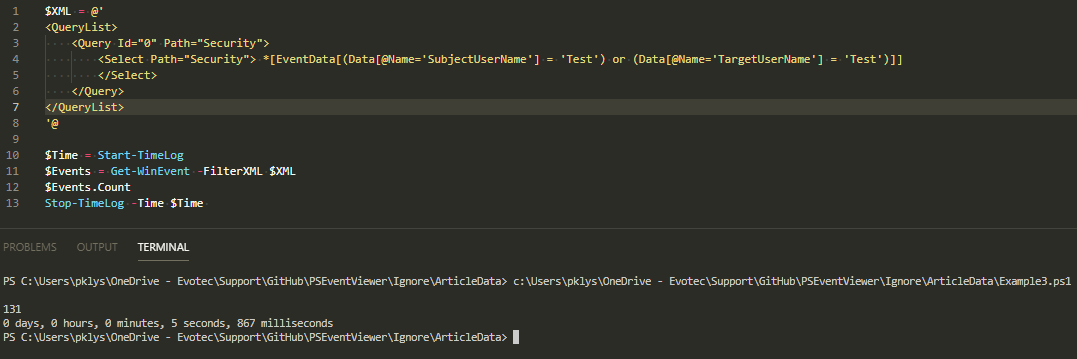 Get-WinEvent FilterXML query returning 131 matching events in just over five seconds.