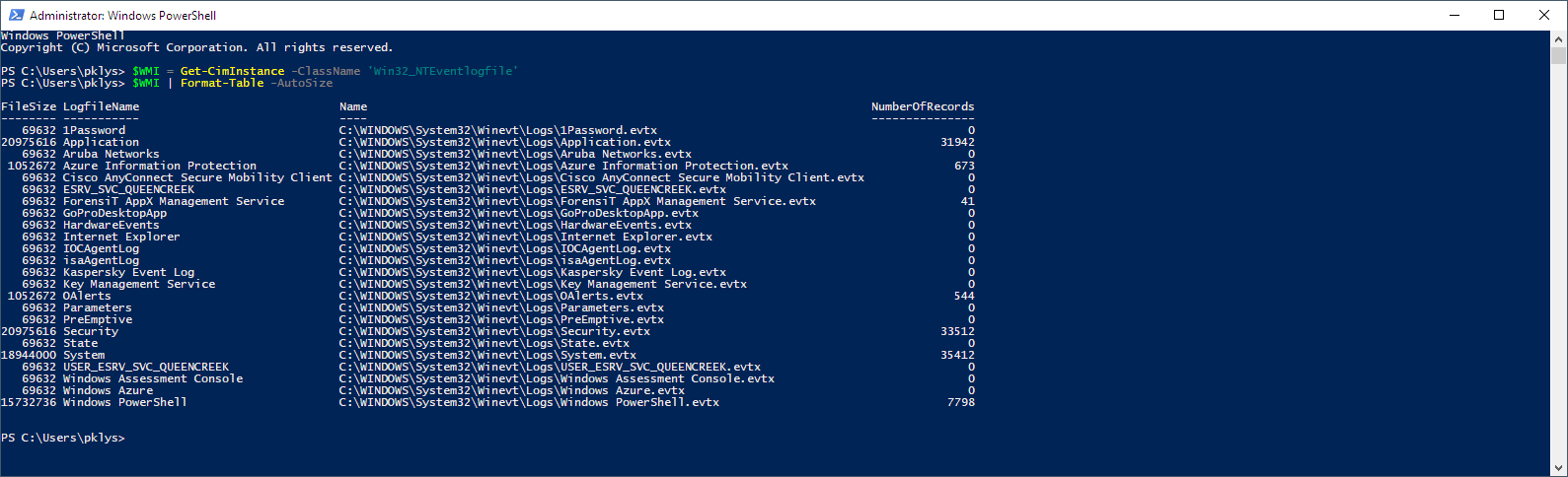 Get-CimInstance -ClassName 'Win32_NTEventlogfile' Get-CimInstance -ClassName 'Win32_NTEventlogfile'