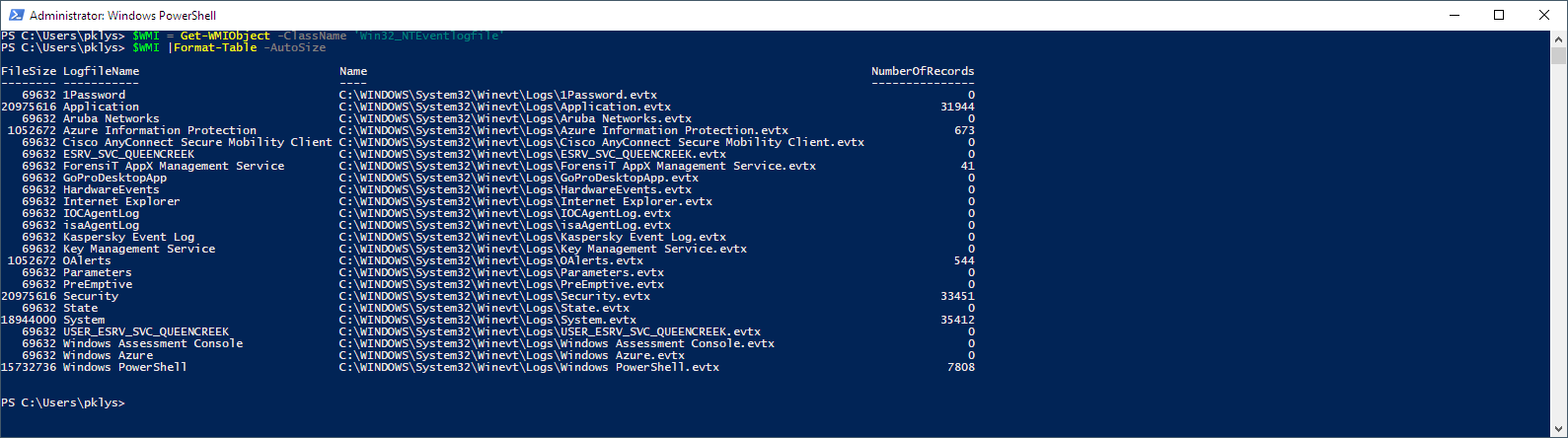 Get-WMIObject -ClassName 'Win32_NTEventlogfile' Get-WMIObject -ClassName 'Win32_NTEventlogfile'