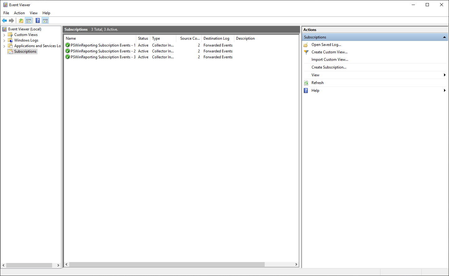 Windows Event Viewer showing three active PSWinReporting subscription events forwarding to the Forwarded Events log
