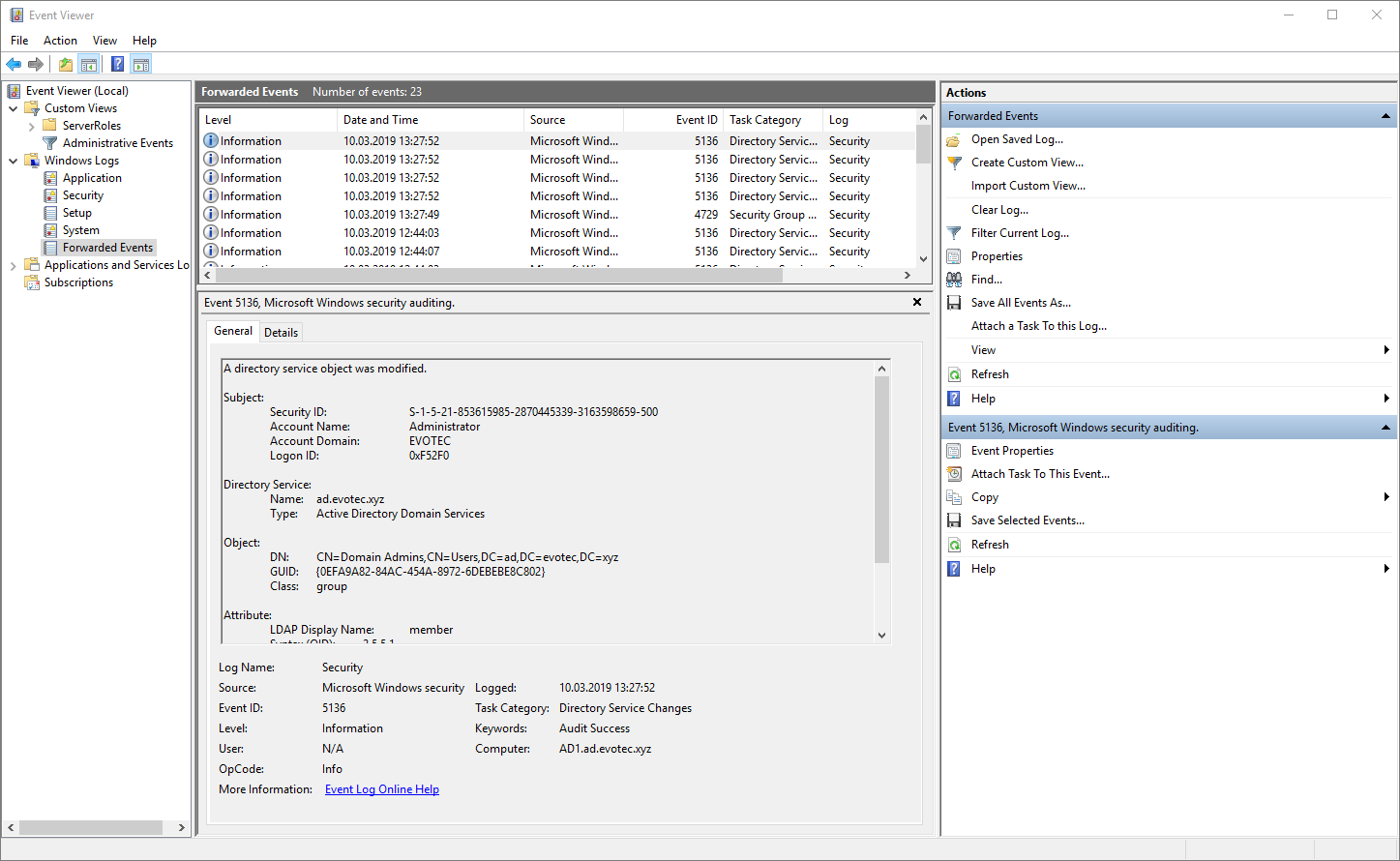 Windows Event Viewer showing forwarded Security event 5136 for a modified Active Directory object