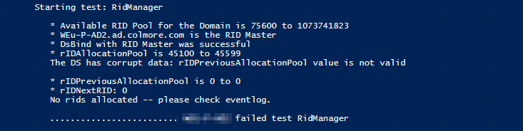 dcdiag ridmanager test output showing RID data corruption