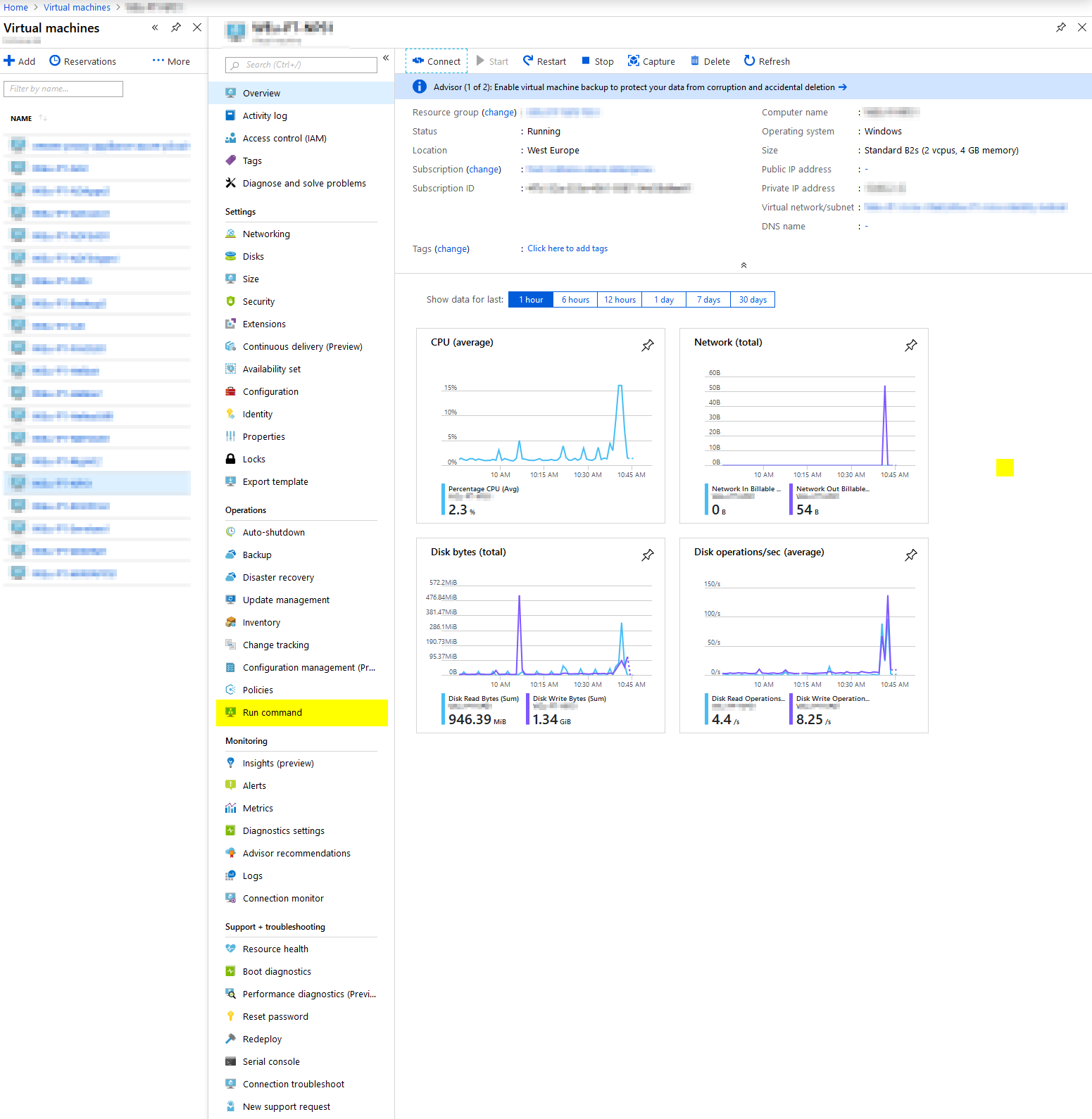 Azure portal virtual machine Operations menu with Run command selected
