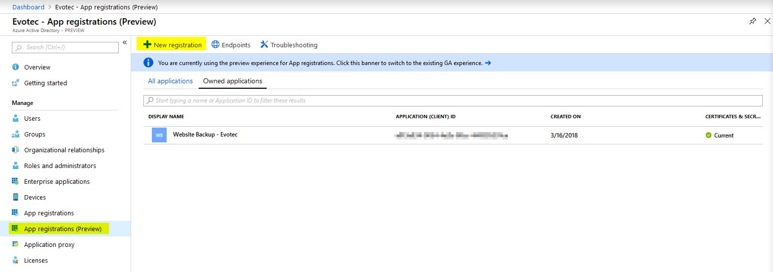 App registrations page with the New registration action highlighted