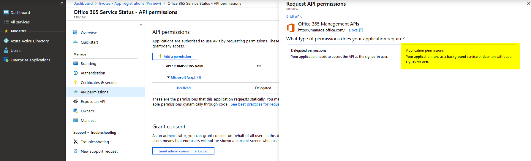 API permissions screen with Application permissions selected