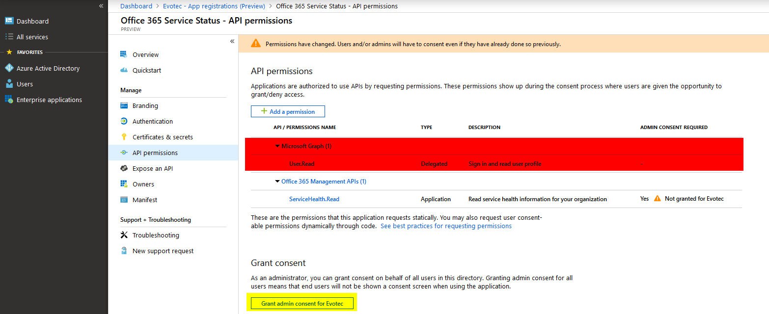 API permissions overview showing the added permission and Grant admin consent action