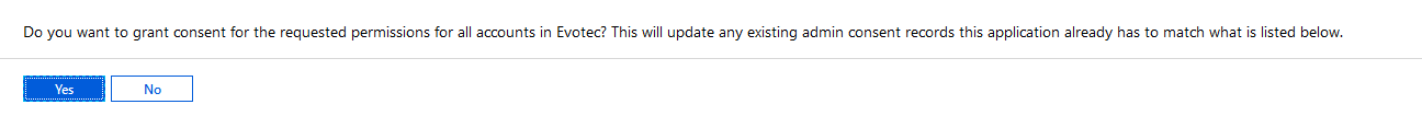 Admin consent confirmation dialog for the Azure application
