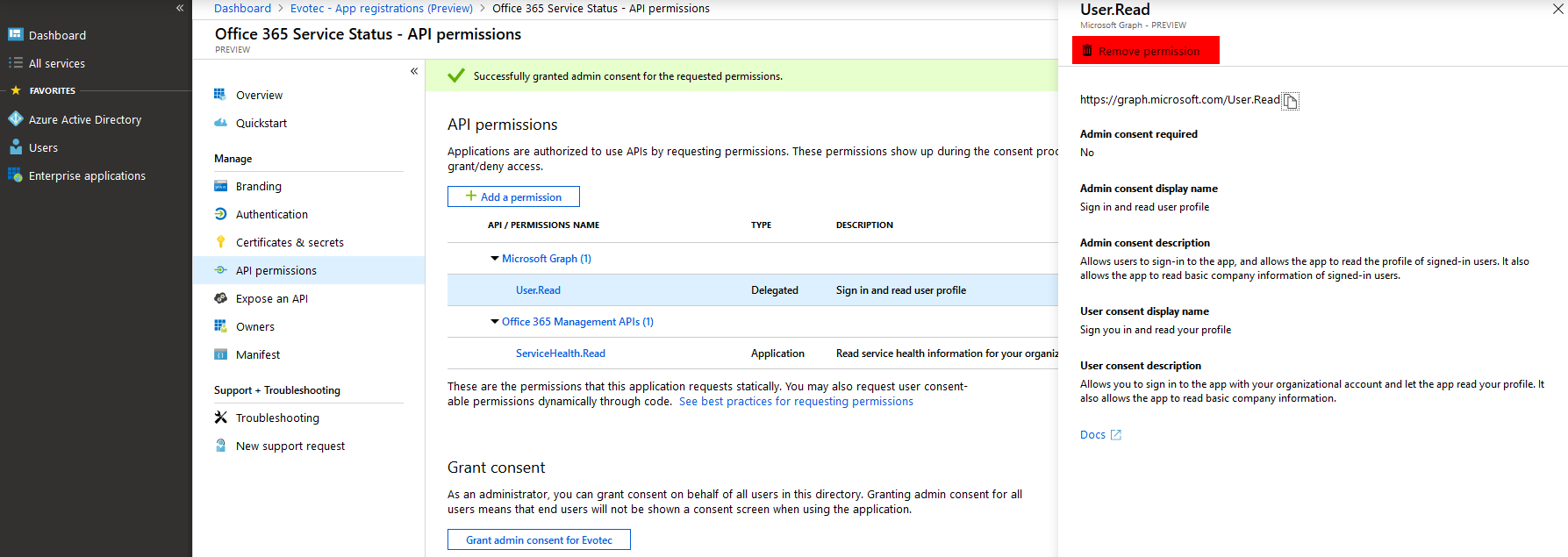 Final API permissions list after consent is granted and unnecessary permissions are removed