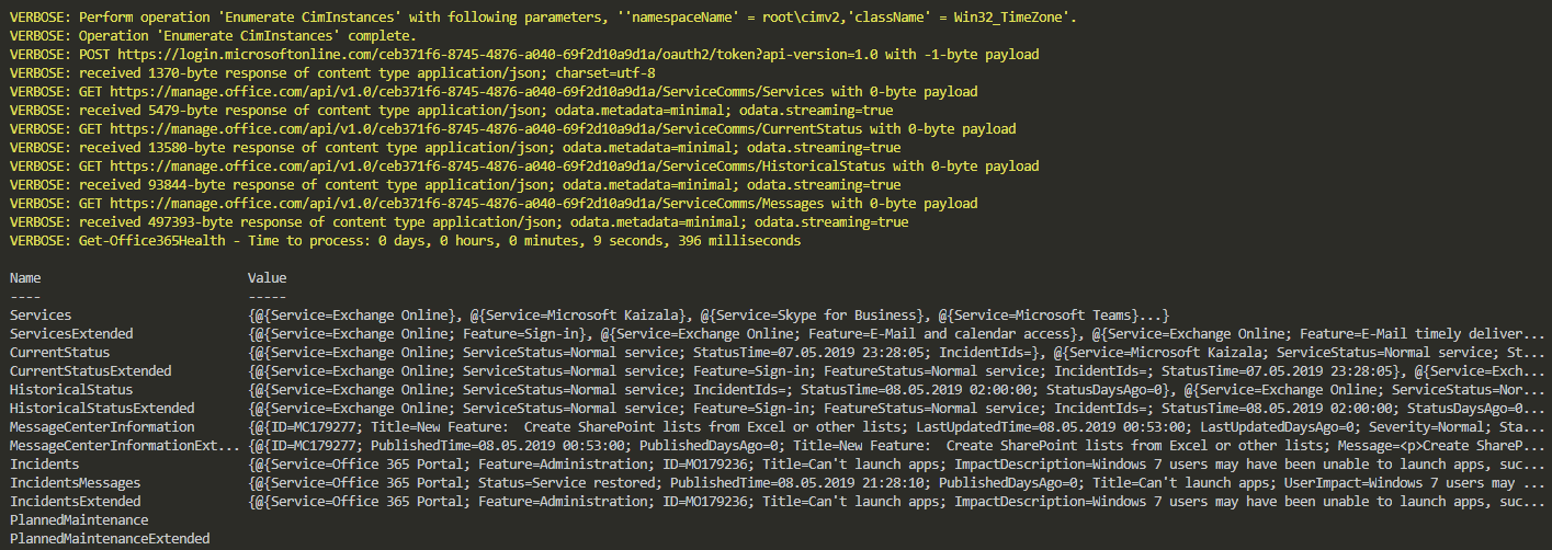 PowerShell output showing the custom Office 365 health hashtable