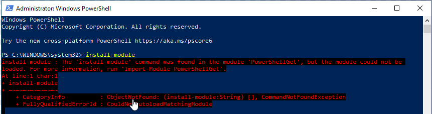 install-module : The ‘install-module' command was found in the module ‘PowerShellGet', but the module could not be loaded. install-module : The ‘install-module' command was found in the module ‘PowerShellGet', but the module could not be loaded.