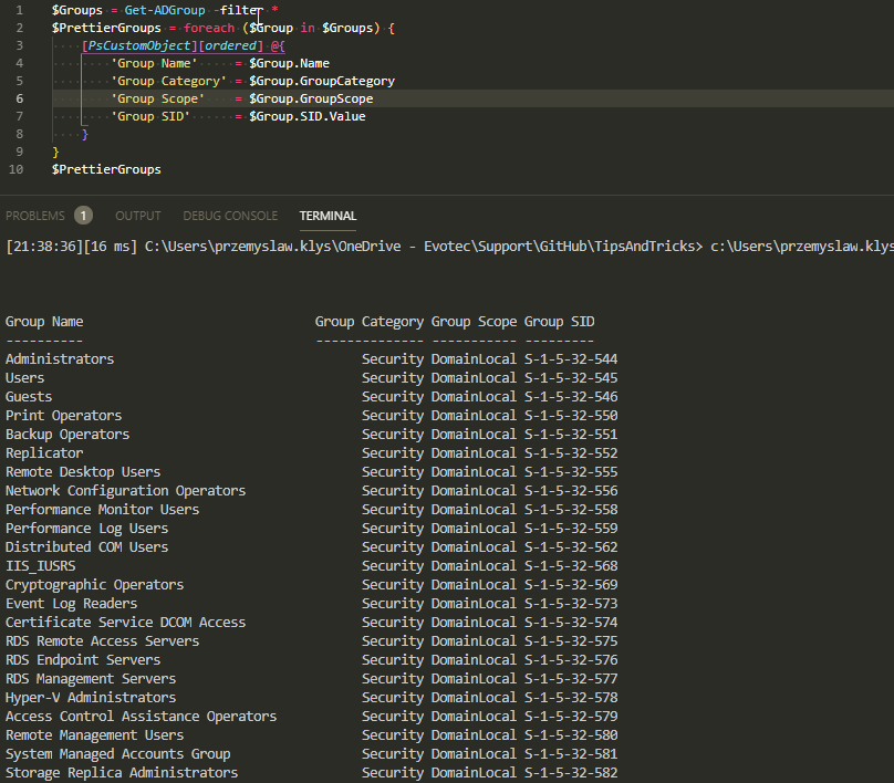 PowerShell output of the PrettierGroups collection with group name category scope and SID columns