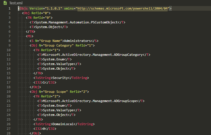 Export-Clixml command writing the PrettierGroups object to Test.xml