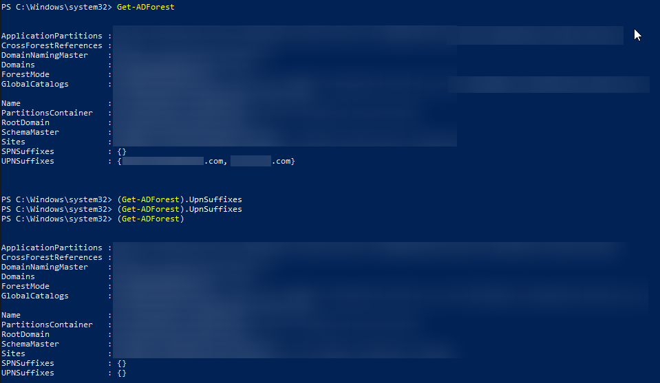 PowerShell Get-ADForest output showing the UPN suffix values in the forest