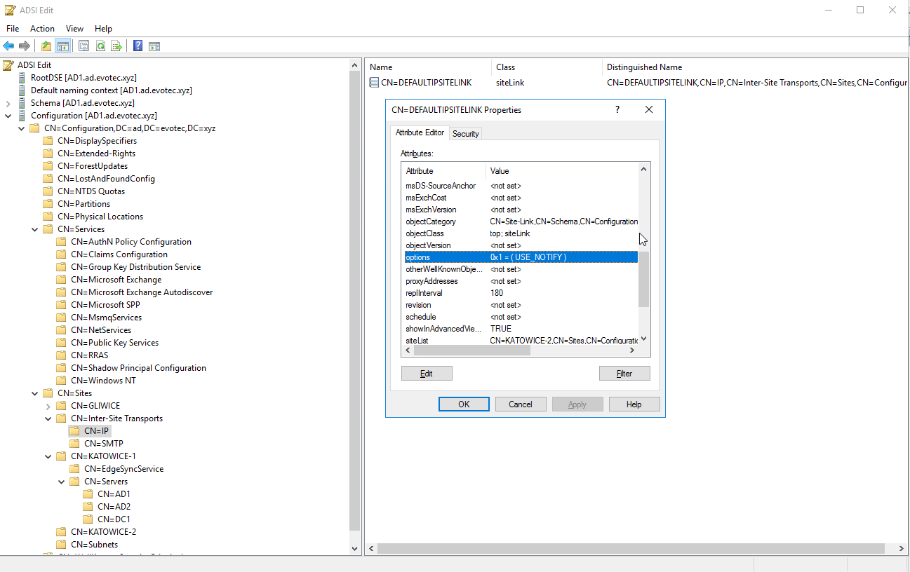 ADSI Edit showing the site link Options value updated with USE_NOTIFY enabled
