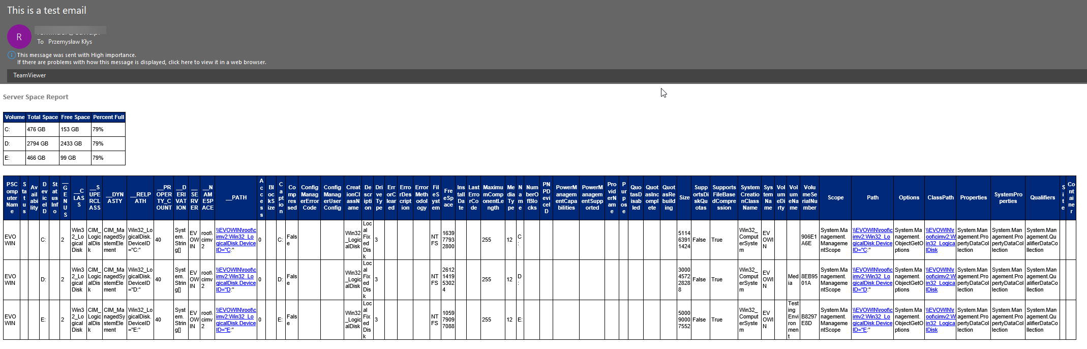 Emailimo example with the full disk object output producing too many columns for a readable email layout.