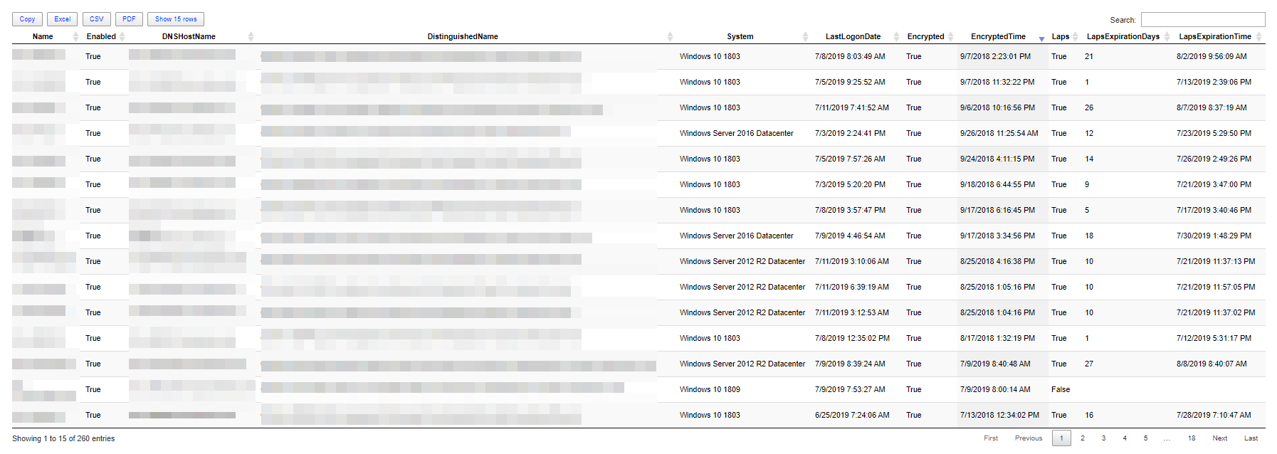 Out-HTMLView rendering the BitLocker and LAPS summary report in an interactive HTML table.