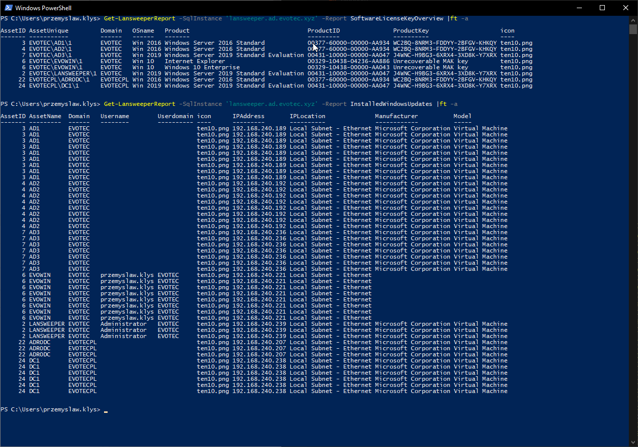 PowerShell output listing available Lansweeper reports from the Get-LansweeperReport command